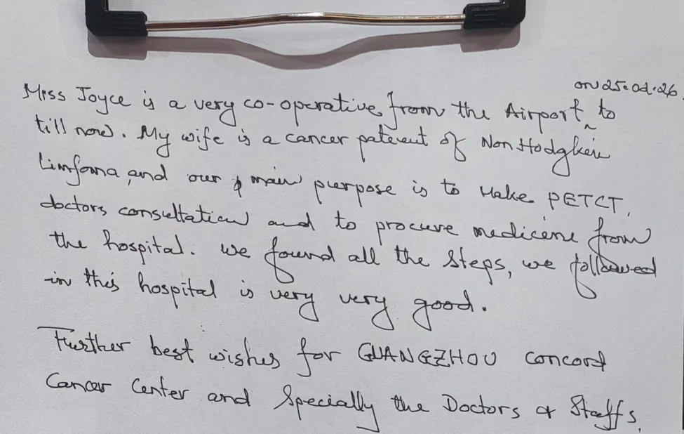 Handwritten thank-you letter from Ms. M's husband